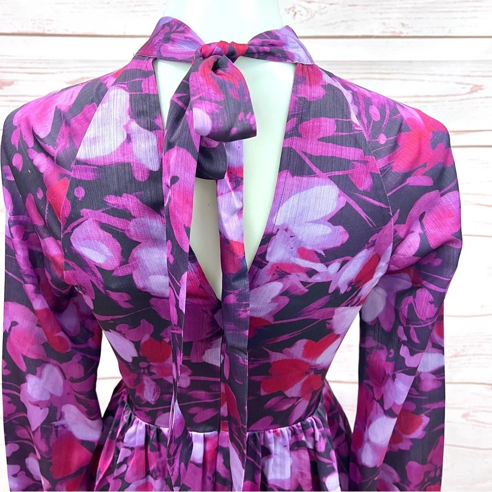 NWT Ted Baker Sammieh Purple Floral Long Sleeve Keyhole High Neck Flare Dress